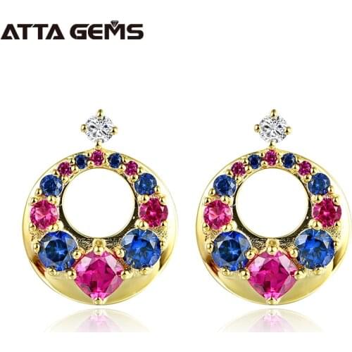 Ruby Sterling Silver Stud Earring Women Wedding Party Earring Created Ruby Sapphire Yellow Gold Plated Luxury Style Top Quality