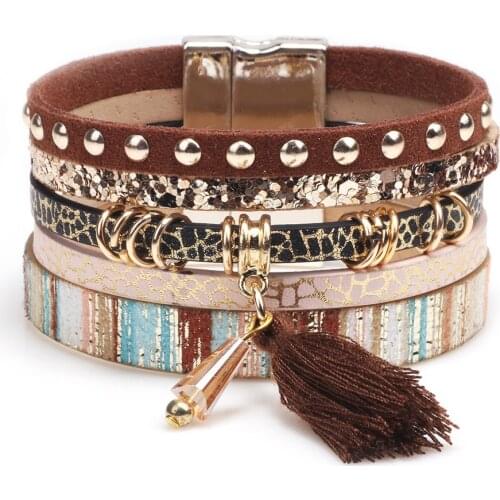 Women Layer Tassel Bracelet Jewelry Bohemia Pu Leather Multilayer Magnetic Buckle Connector Handmade Cuff Bangle Gift Female