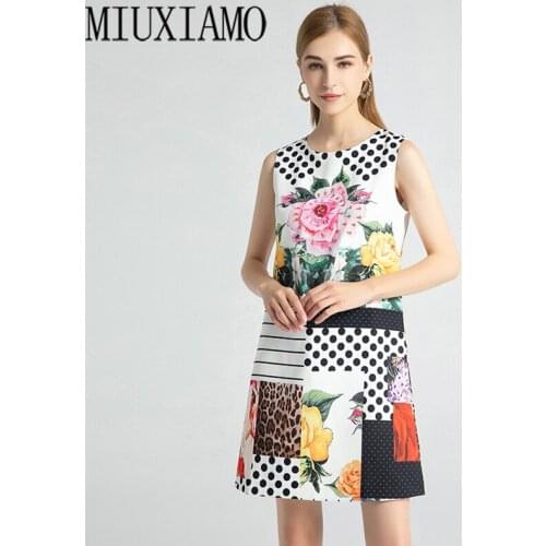 MIUXIMAO High Quality 2021 Spring Newest Sleeveless Diamonds Flower Dot Print Elegant Mid-Calf Casual Dress Women Vestidos