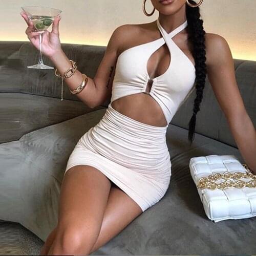 Womens Sexy Halter Sleeveless Mini Dress 2021 Summer Ladies Backless Hollow Out Bangdage Dresses Fashion Beach Club Vestidos