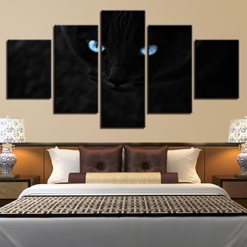 5 Pieces Black Cat Two Blue Eyes Luminous Modular HD Prints Poster Home Canvas Painting Decor Living Room Wall Art Framework
