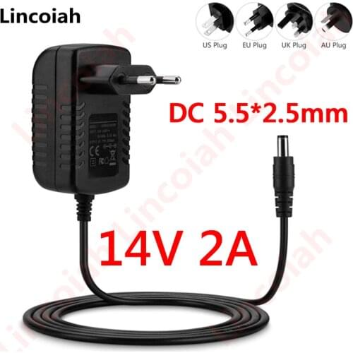 14V2A AC 100V-240V Converter Adapter DC 14V 2A 2000mA 28W Power Supply 14 V Volt Adaptor EU/US/UK/AU Plug 5.5mm x 2.1mm-2.5mm