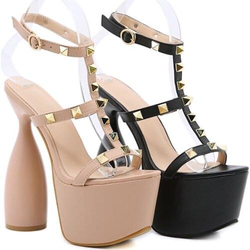Sandals Black Women 2021 High Heel Sandals Designer Rivet Block Heels Summer Platform Heels Gladiator Sandals Black Female Shoes