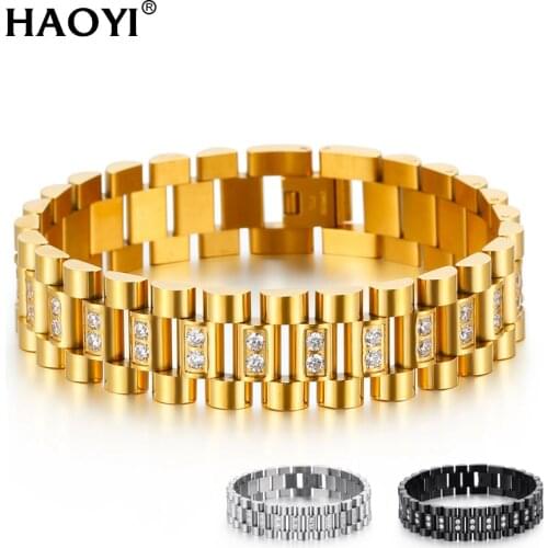 Gold Black Color Stainless Steel Bracelet Male 16MM Mens Watch Strap Bracelets Bangles For Men Hand Jewelry Accessories With CZ