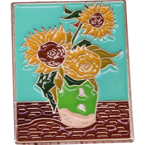Van Gogh pin sunflower vase brooch colorful oil painting badge artist collection