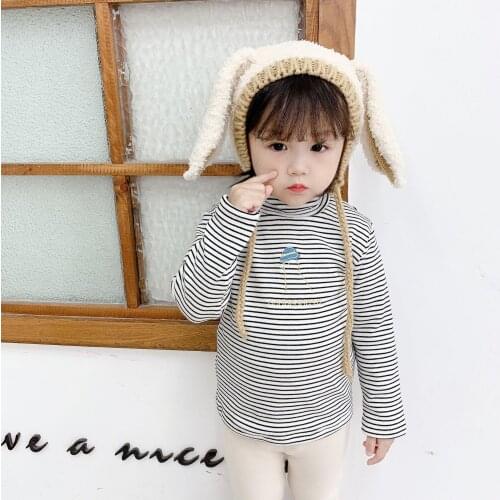 1 2 3 4 Years Girl Kids Long Sleeve Tshirt 2020 Winter Plus Velvet Thicken Striped Middle Collar Tshirt For Girls Baby Clothing