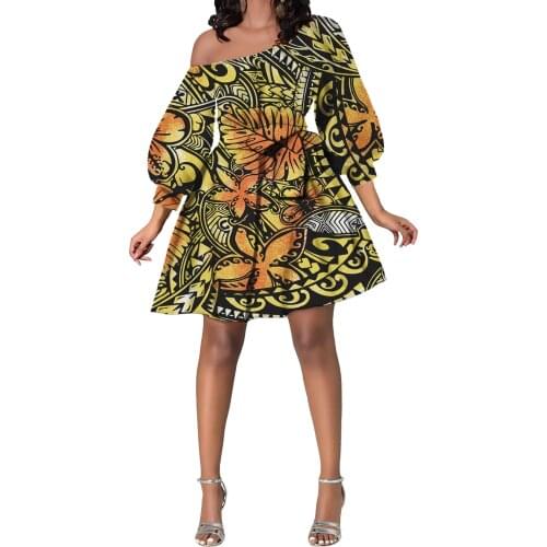 Hycool Traditional Tribal Hibicsus Design Oblique Shoulder Short Yellow Dress Summer Casual Long Sleeve Lady Party Dating Dress