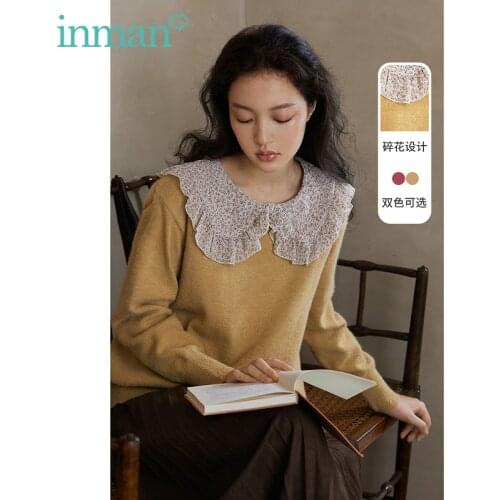 INMAN Autumn Winter Womens Sweater Kawaii Floral Splicing Doll Collar Wave Edge Hem Design Pullover Females Top