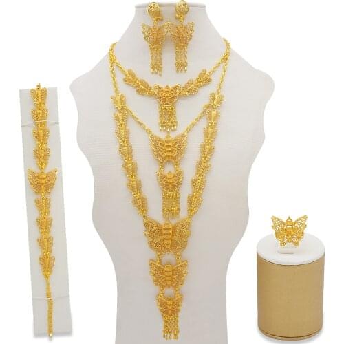 Dubai Fashion Gold Butterfly Jewelry Set African Bridal Wedding Gifts Party For Women Necklace Bracelet Earrings Ring Set