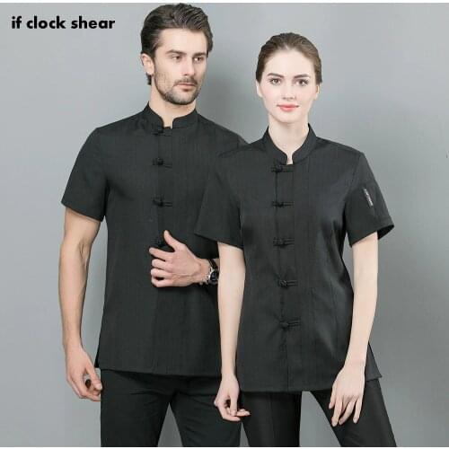 IF short sleeved Food Service chef uniform Chef Jacket restaurant hotel catering Kitchen White and black work clothes men unisex