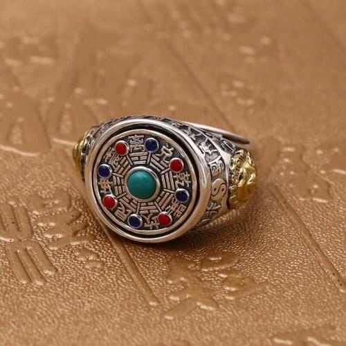 New Mens Tai Chi Gossip Inlaid Turquoise Turning Ring Thai Silver Retro Trendy Index Finger Ring Jewelry