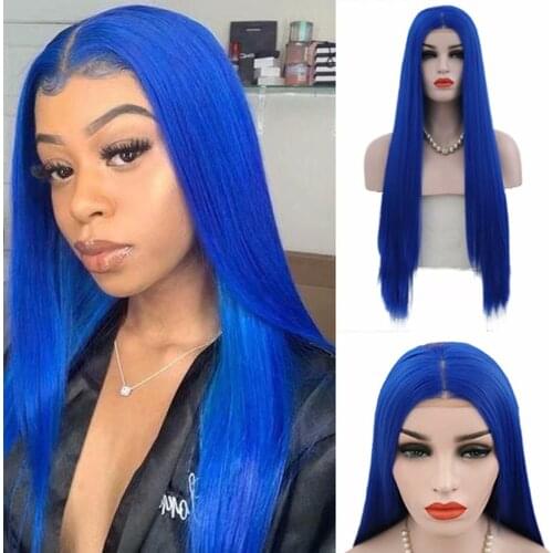AIMEYA Silky Straight Synthetic Royal Blue Lace Front Wig Half Handed Tied Hair Lace Wigs for Women Middle Part Cosplay Parting