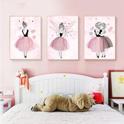 Ballet girl watercolor pink princess posters and prints wall art painting pictures Nordic style childrens room decoration