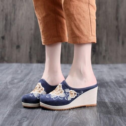 Size 34-41 Female Fashion Slippers Fashion Ethnic Style Women Wedge Shoes Women Heels Mules Femme Casual Comfortable Slippers