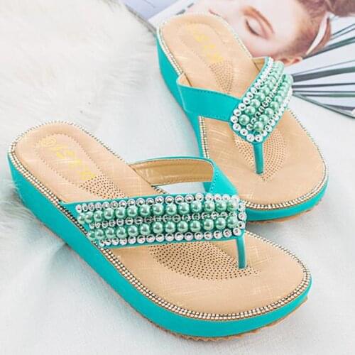 New Women Sandals Summer Fashion Shoes Girls Wild Rhinestone Pearl Women flip flops Non-slip Flat Sandals Women Shoes xx2