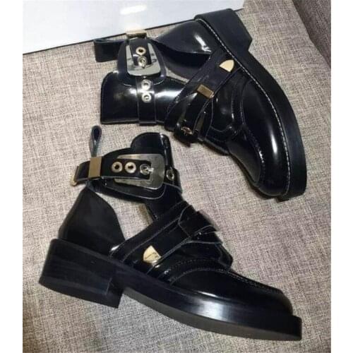 Sestito Woman Cool Rivets&Buckle Slip-on Motorcycle Boots Ladies Round Toe Cut-outs Sandals Boots Girls Square Heels Ankle Boots