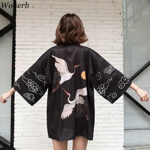 Woherb Summer 2021 Japanese Kimono Cardigan Jacket Women and Man Harajuku Blouse Print Vintage Crane Bathrobe Oversize 21298