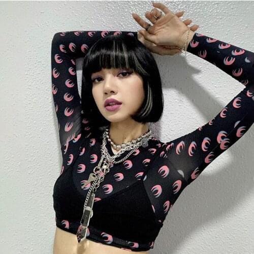 Womens Sexy Crew Neck Long Sleeve Print Black Mesh Bodycon Style 2021 Autumn Fashion Female High Street Casual Slim Fit T-Shirt