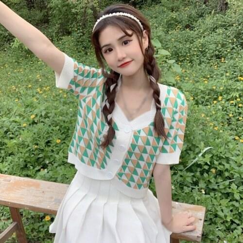 DAXIN Womens Plaid T-Shirt Summer Short Tee Shirt Knitted Short Sleeve Cardigan Tops Female Crop Top Ladies Shirt