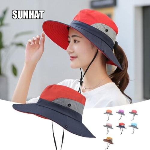 Womens Foldable Sun Hat with Adjustable String Mesh Wide Brim Beach Cap with Ponytail Hole for Fishing Outdoor FK88