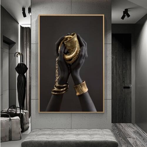Black Womans Hand Holding Golden Jewelry Canvas Paintings on The Wall Art Posters and Prints African Art Pictures for HomeDecor
