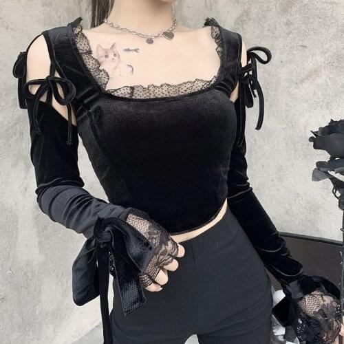 Woman Tshirts Lace Up Black Hollow Out Goth Top Vintage Corset Bodycon Velvet Sexy Tops Harajuku Y2K Aesthetic Short Clothes