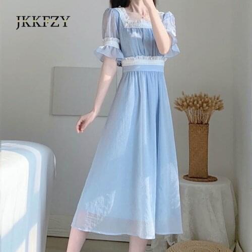 Chiffon Dress Woman Summer New Coffee Break Court Retro Dress Female Minority Sweet Fairy First Love Dress Short Sleeve Blue