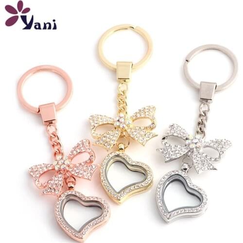 10pcs/lot Free shipping Crystal Glass Living Memory Heart Floating Locket With Rhinestone Flower Brooch Locket Keychains Keyring