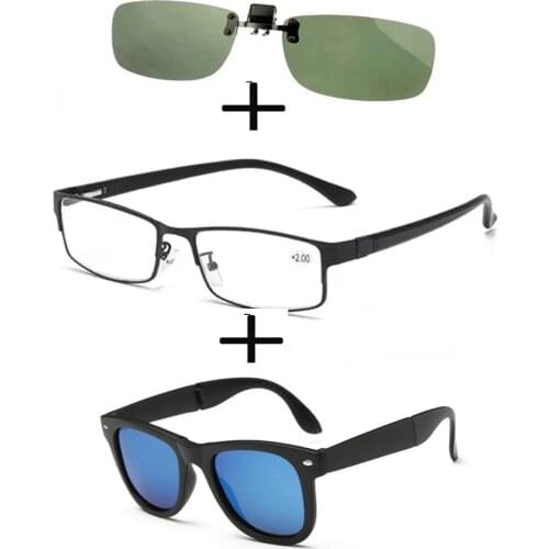 3Pcs!!! Rectangular Metal Black Business Reading Glasses for Men Women + Polarized Sunglasses Squared + Sunglasses Clip