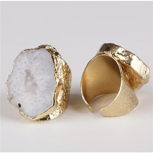 Big gold polished cloundy light grey white geode crystal stone slice bead charm adjust open hammered ring cuff for woman man