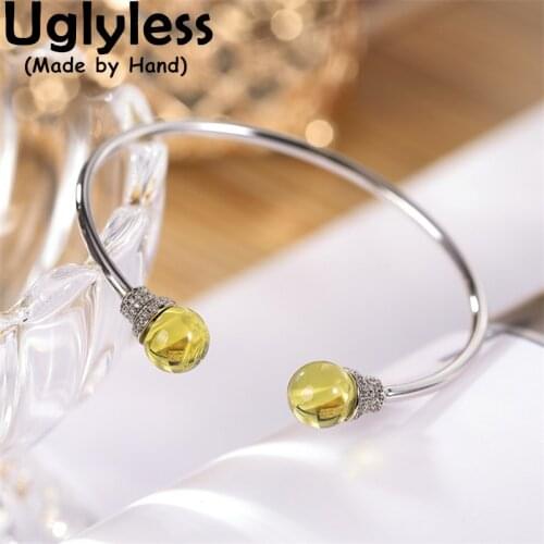 Uglyless Simple Gemstones Balls Bangles for Women Glossy 925 Silver Open Bangles Nature Blue Amber Luxury Jewelry Zircons Bijoux
