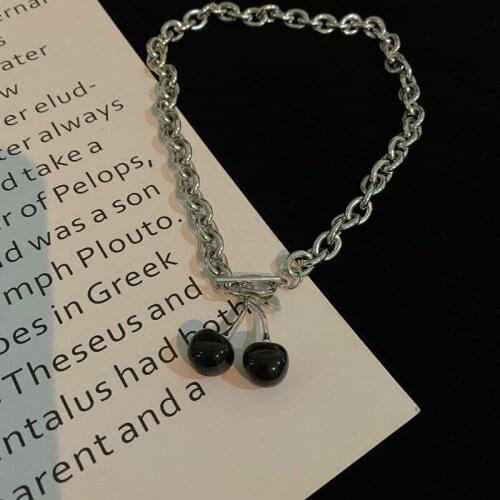 TIMEONLY Retro Harajuku Titanium Steel Resin Black Cherry Pendant Necklace for Women Linked Chain Fruit Choker Necklaces Jewelry