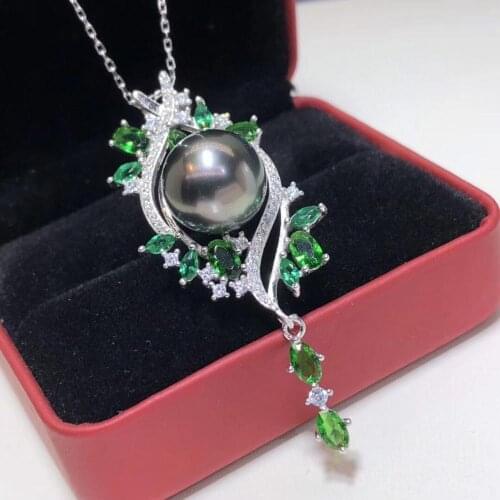 D518 Pearl Pendant Fine Jewelry 925 Sterling Silver Round 9-10mm Nature Sea Water Tahiti Black Pearls Pendants Necklaces Present