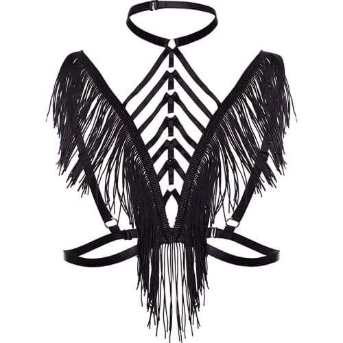 JLX.HARNESS Tassels Goth Sexy Lingerie Women Cage Bra Black Punk Body Harness Bra Belt edgy Tassels Body Cage