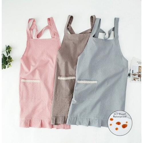 Pocket Striped Home Cooking Baking Waterproof Oil-Proof Coffee Pinafore Cotton Kitchen Apron For Women House Cleaning Bib 46437