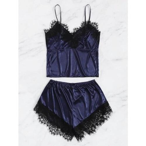 Summer New Arrival Luxury Womens Lace Suspender Top And Shorts Pajamas Set Sexy Navy Blue Two-Piece Lingerie Sex