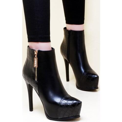 Fashion Winter Boots for Women Black PU Thin Super High Heels Ankle Booties Sexy Platform Womans Pumps Shoes Snake-pattern Botas