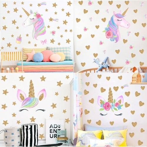 Cartoon Golden Heart Star Dots Unicorn Wall Stickers For Kids Rooms Baby Bedroom Home Decor art Background 3D Autocollant Mural