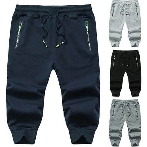 Men Casual Breathable Drawstring Zipper Pockets Sports Capri Pants Trousers