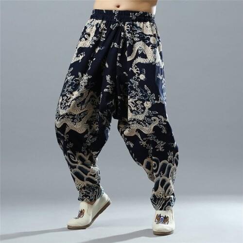 Men Casual Baggy Sweatpant Linen Chinese Traditional Loose Wide Leg Harem Crotch Pant Bloomers Jogger Workout Running Track Pant