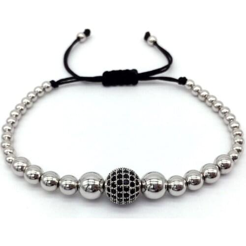 NAIQUBE 2020 Fashion 6mm Beads Braided Macrame for Men Bracelet Pave Black CZ Ball Connector Fashion Bangle Jewelry Gift