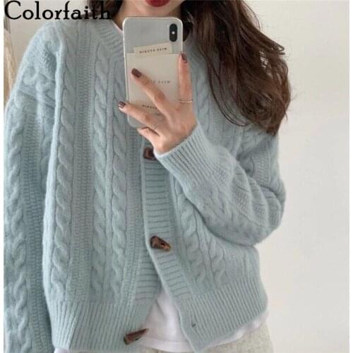 Colorfaith New 2021 Womens Sweaters Winter Spring Horn Buttons Cardigan Knitted Vintage Oversize Korean Wild Tops SWC1263JX