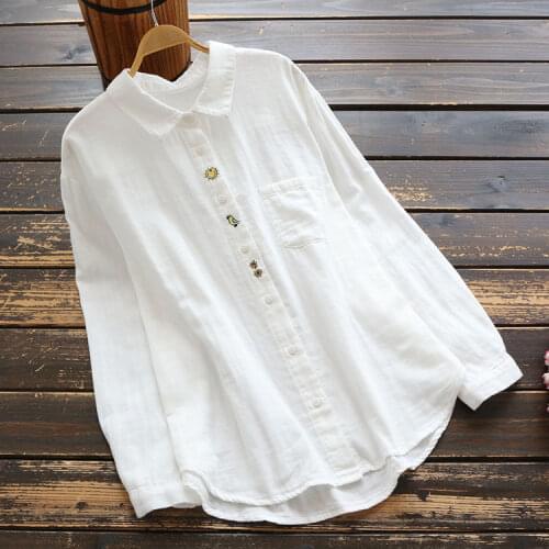 7577 New Autumn Women Blouse Japan Style Mori Girl Loose Cotton Yarn White Shirt Embroidery Long Sleeve Women Tops