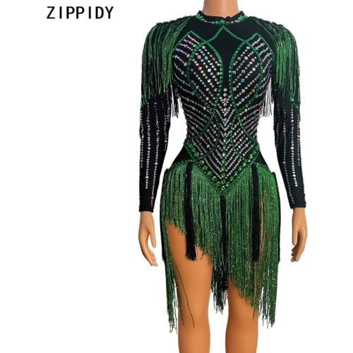 Green Silver Rhinestone Fringe Spandex Dress Women Club Dance Show Wear Birthday Celebrate Prom Party Show Short Dress