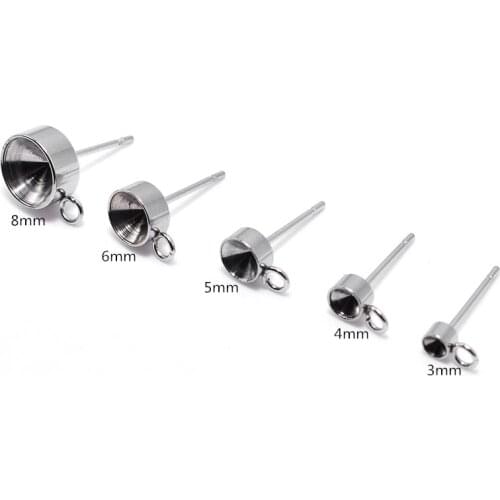 Stainless Steel Earstud Earrings Post Findings Circle Bezel with Loop Connectors Point Rhinestone Cabochon Earrings DIY Findings