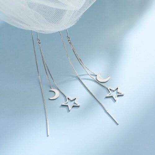 925 Sterling Silver Long Star Moon Drop Earrings For Women Wedding Fashion Jewelry eh1351