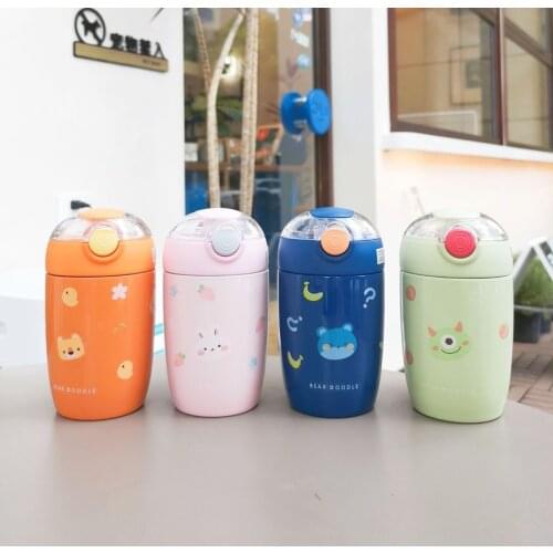 280ml Creative Cartoon Cover Thermos Mug Portable with Straw 304 Stainless Steel Water Bottle Mini Cute Childrens Water Cup