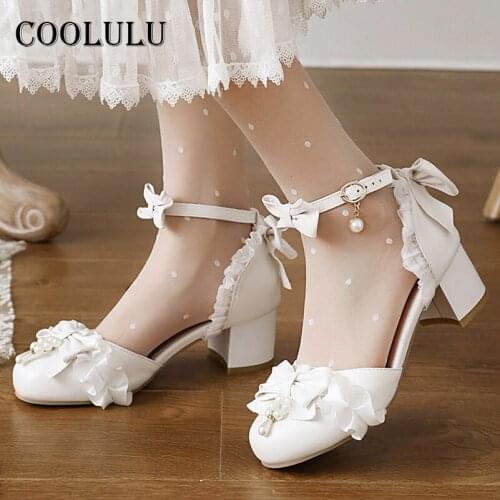 COOLULU Lolita High Heels Ankle Strap Women Shoes Bow Chunky Heel Pumps Pearl Buckle Cosplay Footwear Female Sweet Beige Size 43