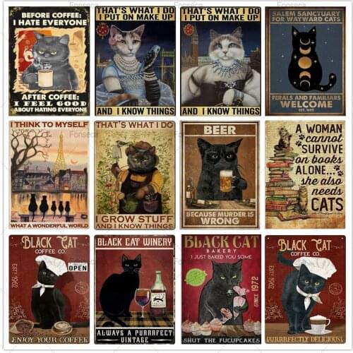 Funny Cat Beer Vintage Metal Plaque Bar Wall Decoration Train Metal Painting Black and White Metal Plate Living Room Club Decor