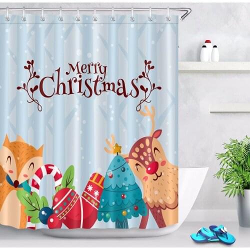 Cartoon Reindeer Fox Shower Curtain Christmas Decorations Extra Long Bathroom Waterproof Polyester Fabric for Kids Bathtub Decor